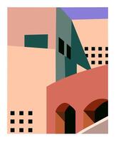 Contemporary abstract architectural poster in mid century modern style. Modern background, cover with copy space for text. City building with arc, windows vector