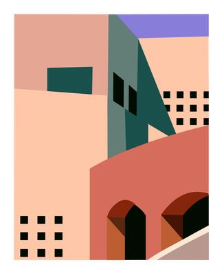 Contemporary abstract architectural poster in mid century modern style. Modern background, cover with copy space for text. City building with arc, windows