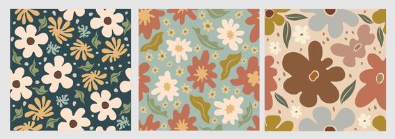 Gorgeous seamless pattern with abstract flowers and shapes. Floral retro style groovy design for printing and decoration. Repeatable botanical backdrop vector