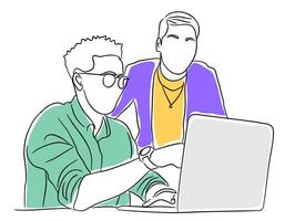 Business people drawing. Business man and woman working together, using laptop, discussing. Line art, linear, outline, thin line, hand drawn sketch design vector