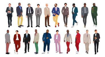 Set of Business men different races, ages and body types, walking and standing. Handsome male characters in formal suits, tuxedo. Multiracial business team vector