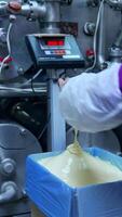 Liquid butter is pouring from the pipe into the container. Factory for the production of butter. Automated line. Food production Vertical video