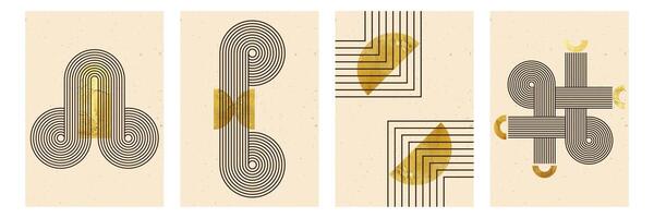 Set of abstract posters with geometric shapes and stripe pattern. background with golden texture in trendy boho aesthetic. vector