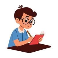 Happy kid read book and do homework. Knowledge concept. Hand drawn style vector
