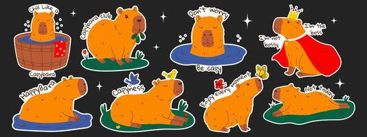 Funny capybara stickers set with text. Set of exotic rodents swimming in pond, relaxing with birds, eating leaves, walking. Hand drawn illustration. vector