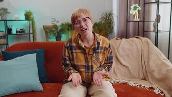 Pretty woman girl asking why, what reason of failure demonstrating disbelief irritation by troubles video