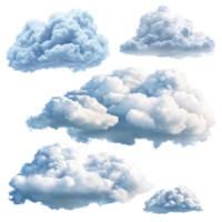 Fluffy cumulus clouds in various shapes and sizes isolated against a clean transparent background, transparent clouds isolated on transparent background png