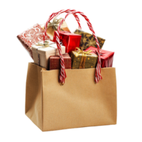 A colorful shopping bag filled with gifts sits isolated against a transparent background, ready for special occasions, Shopping bag full of gifts isolated on with background png