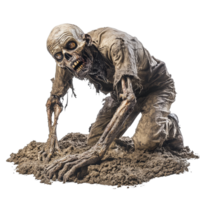 Zombie crawling from a dirt grave on a transparent background during a spooky scene of resurrection, Zombie Crawling from Dirt Grave on transparent background png