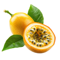 Fresh yellow passion fruit with leaves isolated on a transparent background showcasing its vibrant color and texture, Yellow passion fruit with leaves isolated on transparent background png