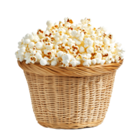 A basket filled with fluffy popcorn on a clean transparent background ready for snacking or movie time enjoyment, Popcorn in basket isolated on transparent background png