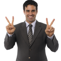 A confident businessman wearing a formal suit is smiling broadly while displaying peace signs with both hands, file no background Successful businessman making V signs png