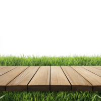 de madera piso y lozano césped crear un sereno ajuste ideal para relajación y al aire libre divertido, de madera piso con césped fondo,aislado transparente antecedentes png