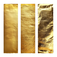 Three isolated gold foil textures on a transparent background perfect for design projects or craft applications, Three gold foil textures are isolated on a transparent background. Golden foil png