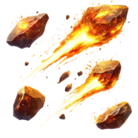 Fiery meteors racing through space, igniting trails of flames and burning rocks in a cosmic display of energy, Set Fiery Meteors, Burning Space Rocks with Flames, Isolated on transparent background png