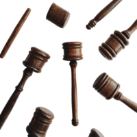 Multiple wooden justice gavels arranged on a transparent background illustrating the theme of law and order, Justice Gavels on transparent background png