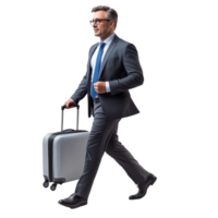 Businessman in a suit confidently travels with a rolling suitcase, ready for his next meeting or trip, file no background Businessman traveling with a trolley bag png