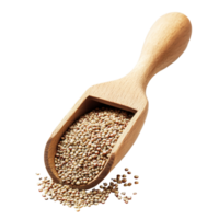 Quinoa seeds in a wooden scoop against a clean transparent background for culinary and health purposes, Quinoa seeds in wood scoop on transparent background png