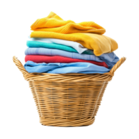 A neatly folded stack of clean clothes in a woven basket against a plain transparent background, of Stack of clean clothes in the basket transparent background isolated solid transparent background png
