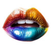 Glossy rainbow lips create a vibrant, artistic statement on a clean transparent background in a playful display of color, Glossy Rainbow Lips on transparent background png