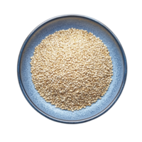 Quinoa seeds displayed in a blue plate on a clean transparent background for a nutritional closeup, Quinoa seeds in plate on transparent background png