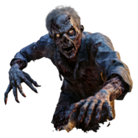 A male zombie reaching out with outstretched arms in a creepy pose against a transparent background at dusk, Male Zombie Reaching Out on Transparent Background, Scary Undead Creature png