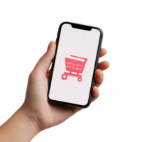 A hand holding a smartphone displaying a shopping cart icon for online shopping applications, file no background Online shopping app on smartphone png