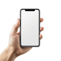 Person holding a mobile phone with a blank screen mockup in a bright setting, Hand holding mobile phone screen mockup, iphone mock up isolated on transparent background png