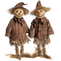 Two cheerful scarecrows in plaid and brown outfits standing together in a whimsical outdoor setting at harvest time, Two Scarecrows in Plaid and Brown Outfits, Isolated on transparent background png