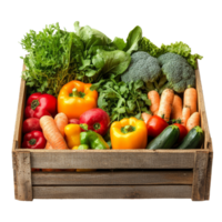 Fresh assorted vegetables in a rustic wooden box displayed on a clean transparent background, vegetables in a wooden box isolated on transparent background png