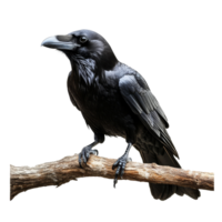 A raven perched on a branch against a transparent background, showcasing its sleek feathers and sharp beak, raven sitting on a branch, file of isolated object on transparent background png