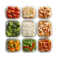Colorful meal prep arrangement with various healthy ingredients and containers on a light background, meal prep, file of isolated object with shadow on transparent background png