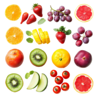 A vibrant assortment of fresh fruits and vegetables arranged on a clean transparent background for healthy eating inspiration, fruit vegetable on transparent background png