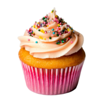 A delightful vanilla cupcake with pink frosting and colorful sprinkles on a clean transparent background, sweet cupcake an a transparent background png