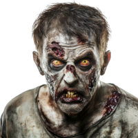 A terrifying zombie with glowing eyes stares directly at the camera against a stark transparent background, Terrifying zombie facing the camera on transparent background png