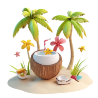 Tropical coconut relaxation setup with vibrant flowers and palm trees under sunny weather, 3D Cartoon Tropical Relaxation Scene with Coconut Drink On transparent background png