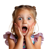 Surprised joyful girl with hands on her cheeks expressing excitement in a bright setting during daytime, surprised joyful girl kid, file of isolated object on transparent background png