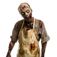 A zombie in a bloody apron looms against a stark transparent background, ready to haunt viewers with its eerie presence, Scary zombie wearing a bloody apron on transparent background png