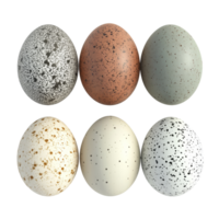 A collection of six eggs in various colors and patterns isolated on a transparent background for artistic display, Eggs isolated png