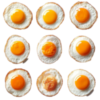 Fried eggs arranged in a grid pattern showcasing different textures and colors from various cooking techniques, Different angle of fried eggs isolated png