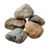 A collection of smooth stones arranged on a transparent background showcasing natural colors and textures of various rocks, Group Stones stocks isolated on transparent background png