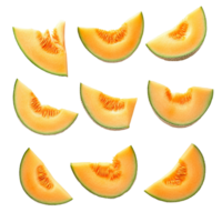 Cantaloupe melon slices arranged artistically on a transparent background for fresh summer flavor and vibrant presentation, Cantaloupe melon slices isolated on transparent background png