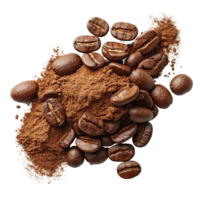 Fresh coffee beans and ground powder displayed on a clean transparent background for a coffee lovers delight, fresh coffee beans and powder isolated on transparent background png
