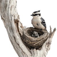 A small bird perched on its nest nestled in an old tree branch against a light background, A bird in a nest on an old tree branch on a transparent background png