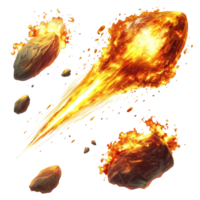 Fiery meteors streak through space, igniting burning rocks in a cosmic display of heat and motion, Set Fiery Meteors, Burning Space Rocks with Flames, Isolated on transparent background png