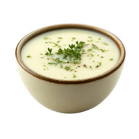 A comforting bowl of creamy soup garnished with fresh herbs on a clean transparent background, view of a delicious soup bowl on transparent background png