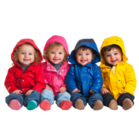 Happy toddlers wearing colorful outerwear smiling together indoors on a bright day, diversified group of happy toddlers outerwear, file of isolated object on transparent background png