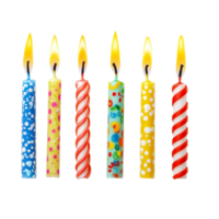 Colorful birthday candles in various designs arranged in a row on a transparent background, 123 numbers, digits candles. From zero, one to eight and nine isolated on transparent png