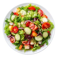 Fresh garden salad served on a transparent plate with vibrant vegetables prepared for a healthy meal, salad in plate isolated on transparent background png