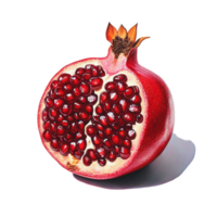 A vibrant and luscious pomegranate cut in half showcasing its juicy seeds on a bright transparent background, Vibrant and Luscious Pomegranate on transparent background png